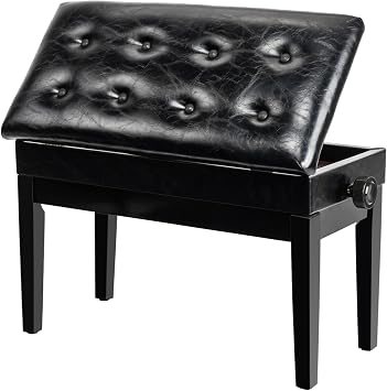 Bonnlo Adjustable Duet Piano Bench with Storage Black Faux Leather Piano Stool Deluxe Padded Seat with 2 Thick Cushion