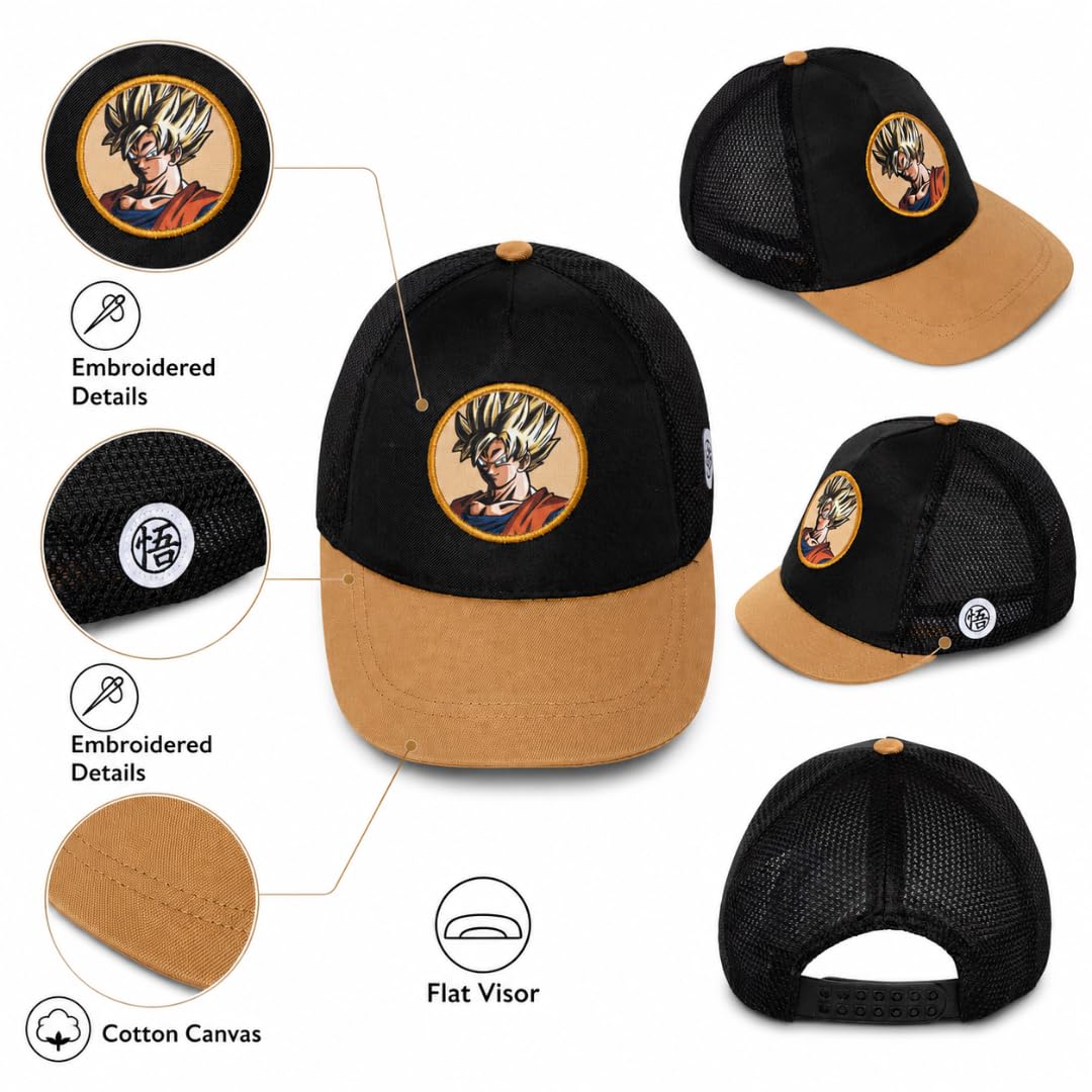 Gorra Dragon Ball Z para Niño y Juvenil, Gorra Infantil de Visera con Rejilla, Negra y Marrón, Bordados Frontal y Lateral, Talla Única 51-54 Centimetros