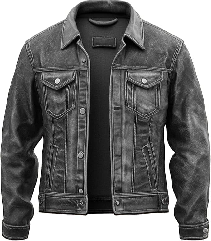Mens Genuine Leather Trucker Jacket - Distressed Motorcycle Vintage Style Western Trucker Jackets for Men