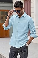 Vista 5 de JMIERR Camisas de algodón para hombre, camisa de vestir a rayas con botones y manga larga