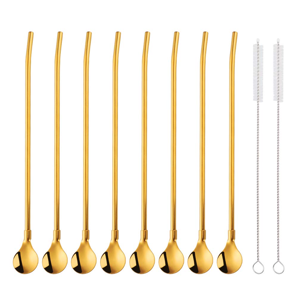 Hoshen Lot De 7 Cuillères De Paille En Acier Inoxydable Doré Rose, 21,6 Cm, Paille Réutilisable, Avec étui De Transport (3 Pailles/2 Cuillères/2 Brosses