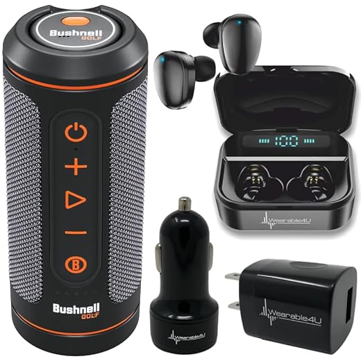 Bushnell Wingman GPS Bluetooth Speaker with Included Wearable4U Ultimate Black Earbuds with Power Case and Wall/Car Chargers Bundle