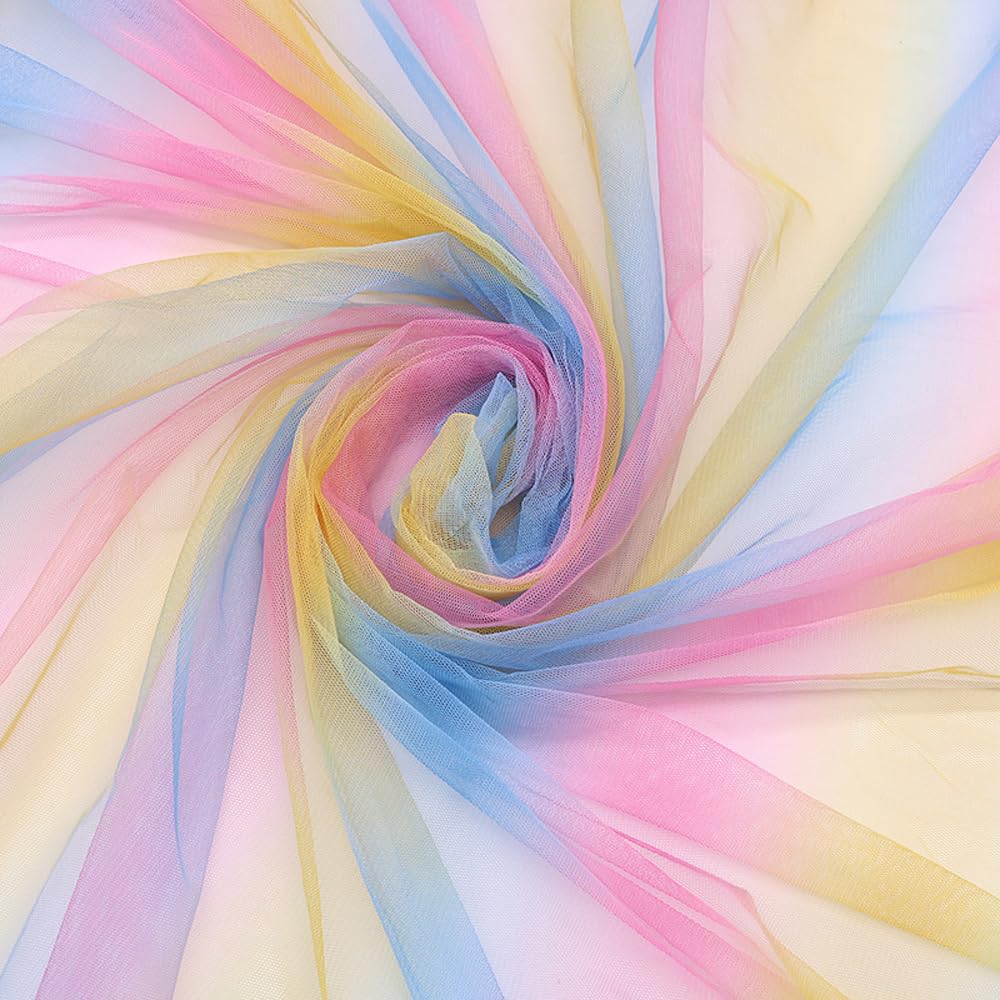 Leliafleury Rainbow Tulle Mesh Fabric, 1.5mx1m Polyester Net Mesh Material, Gradient Gauze Fabric for DIY Crafts Sewing Party Favors, Yellow/Pink/Blue