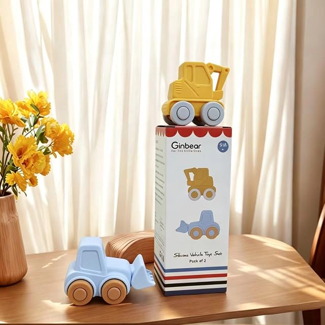 Foto 7 de 7 de Ginbear Coches de Juguete de Silicona para Bebés, Set de Vehículos Blandos, Excavadora y Retroexcavadora