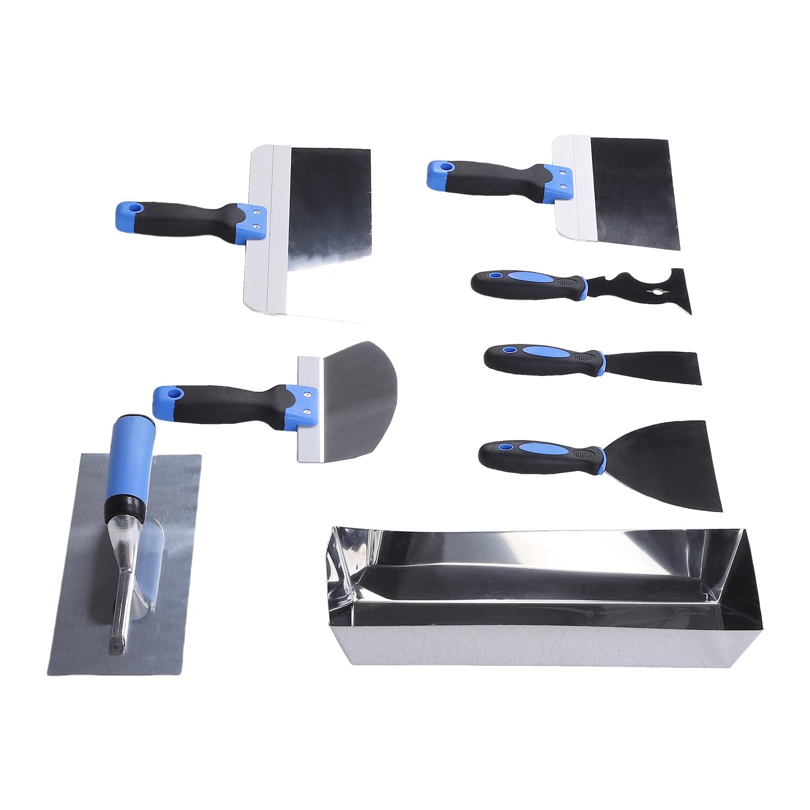 Juego de 8 Piezas para Paneles de Yeso Bandeja para Masilla de 35, Raspadores de 20/30 Cm, Llana Curva de 16,5,Espátulas para Masilla de 8/12,5 cm,Llana de Acabado