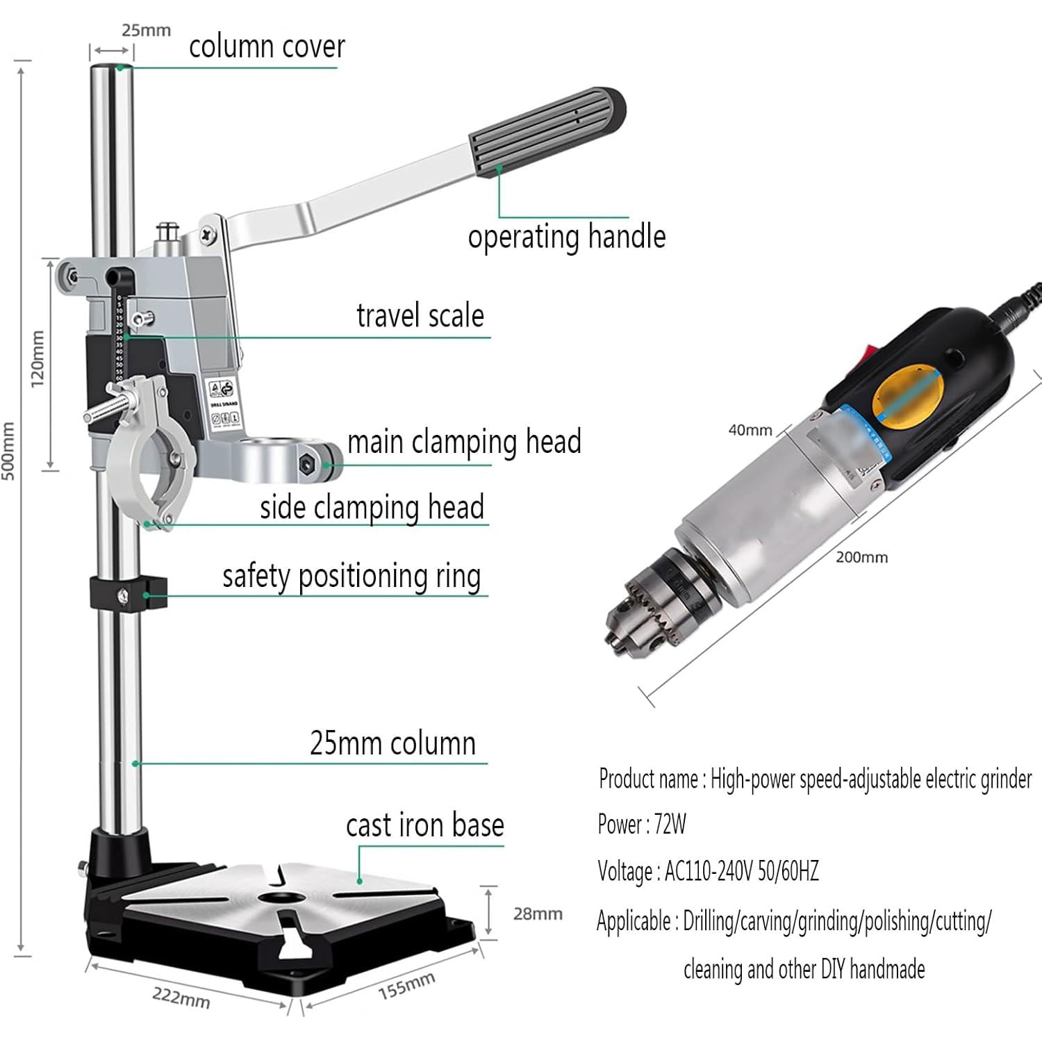Uniwersalny zestaw narzędzi obrotowych 72 W z 36 akcesoriami, 5000-8000 obr./min, uchwyt 0,6-6,0 mm, moment obrotowy 2,2 kg/cm, do cięcia i polerowania