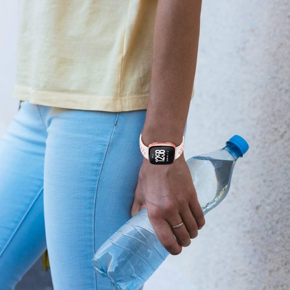 CAVN 3-Pack Bands Compatible with Fitbit Versa Smartwtach for Men Women, Sweat Resistant Replacement Accessory Strap Bracelet (S/5.5"-6.8", Black/Rose+White/Peach+Black/Peach)