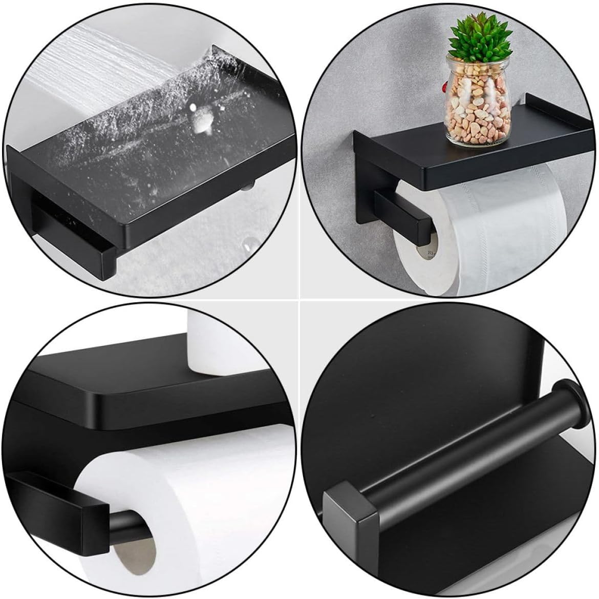 TIDTALEO Multi-Function Nail-Free Wall Mounted Toilet Paper Holder with Storage Shelf, Stainless Steel Black Bathroom Tissue Rack for Toilet Organization