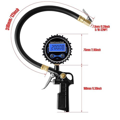 Miniatura 8 de Medidor digital de presión de neumáticos de 200 PSI con inflador, acoplador de conexión rápida de portabrocas de aire, válvula Schrader estándar de