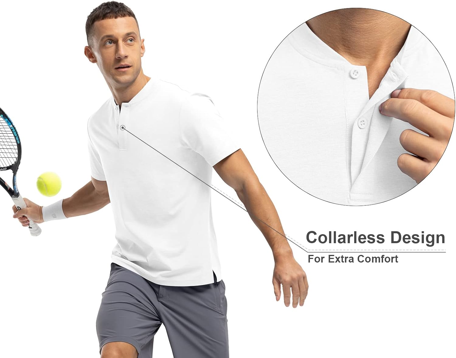 Rdruko Men's Collarless Golf Shirts Henley Dry Fit Athletic Lightweight Performance Casual Blade Polo T Shirts Short Sleeve, White, S - Image 5