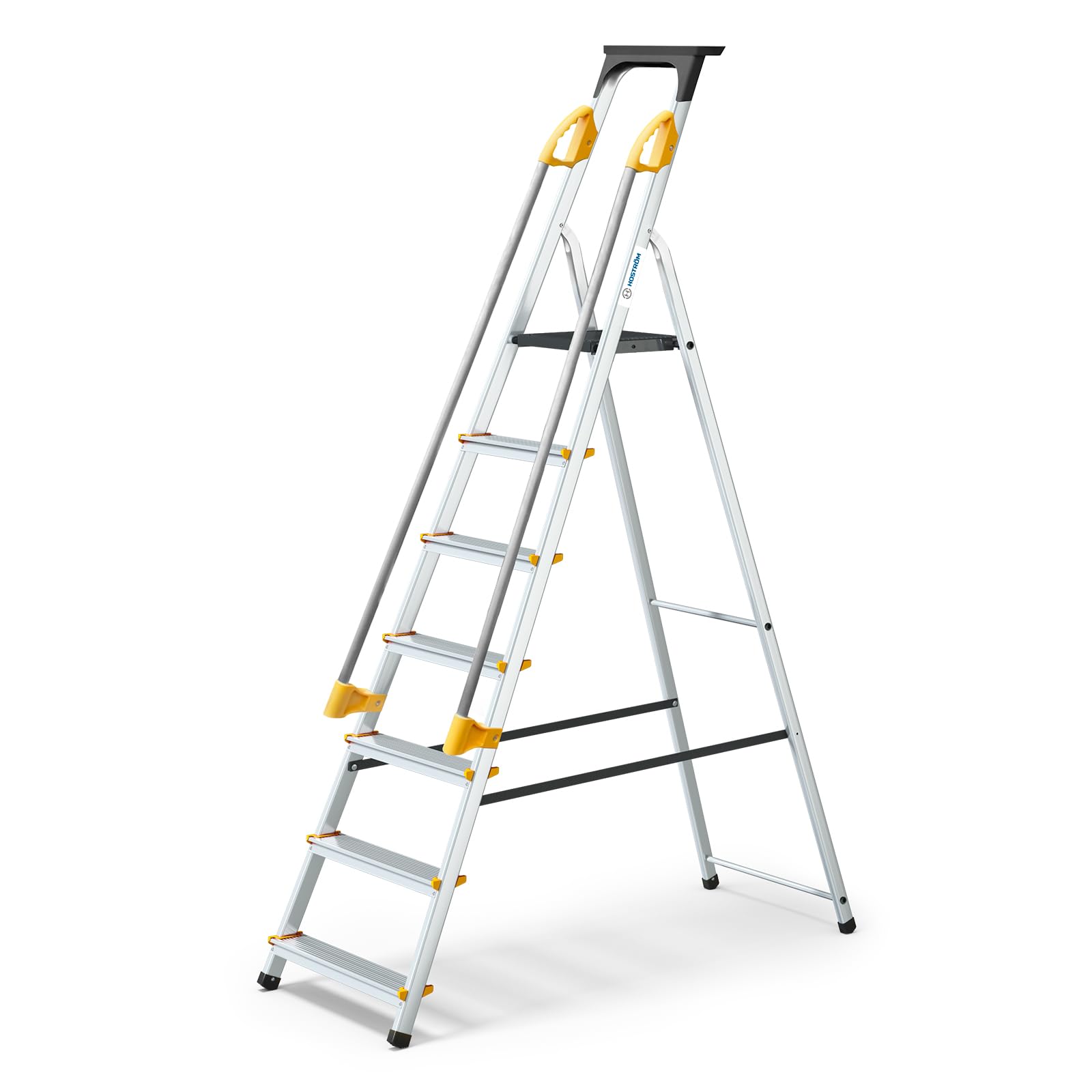 HOSTRÖM Escalera de 7 peldaños DURAMP Segura con rampas, Estante portaherramientas, Estribo Plegable Aluminio, Altura Plataforma 140 cm, garantía de 5 años.