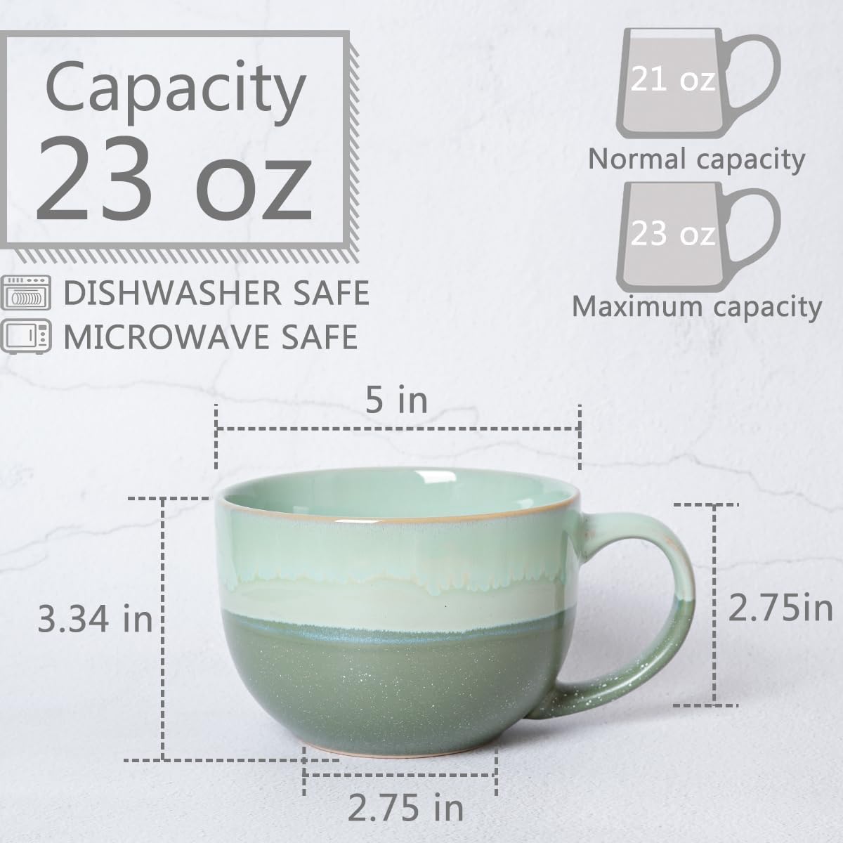 Bosmarlin Extra Large Ceramic Coffee Mug, 23 Oz, Microwave and Dishwasher Safe, Big Oversized Tea Cup for Office and Home, Reactive Glaze (Green) - Image 2