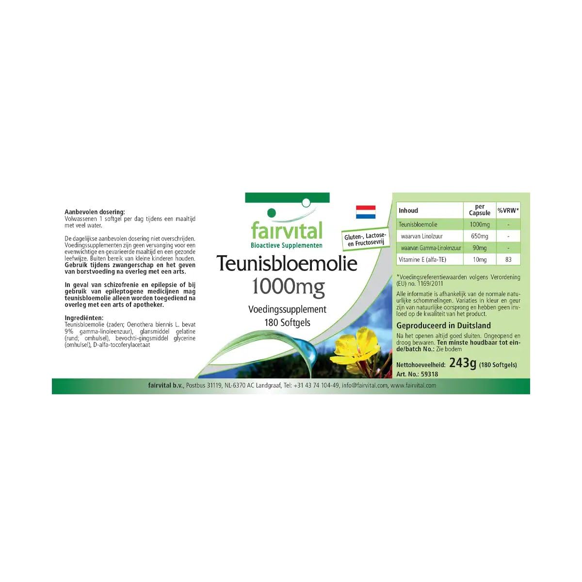 fairvital Nachtkerzenöl 1000 mg, 180 Softgels, Omega-6-Fettsäuren, 65% Linolsäure & 9% Gamma-Linolensäure, Für 1/2 Jahr, qualitätsgeprüft und hochdosiert