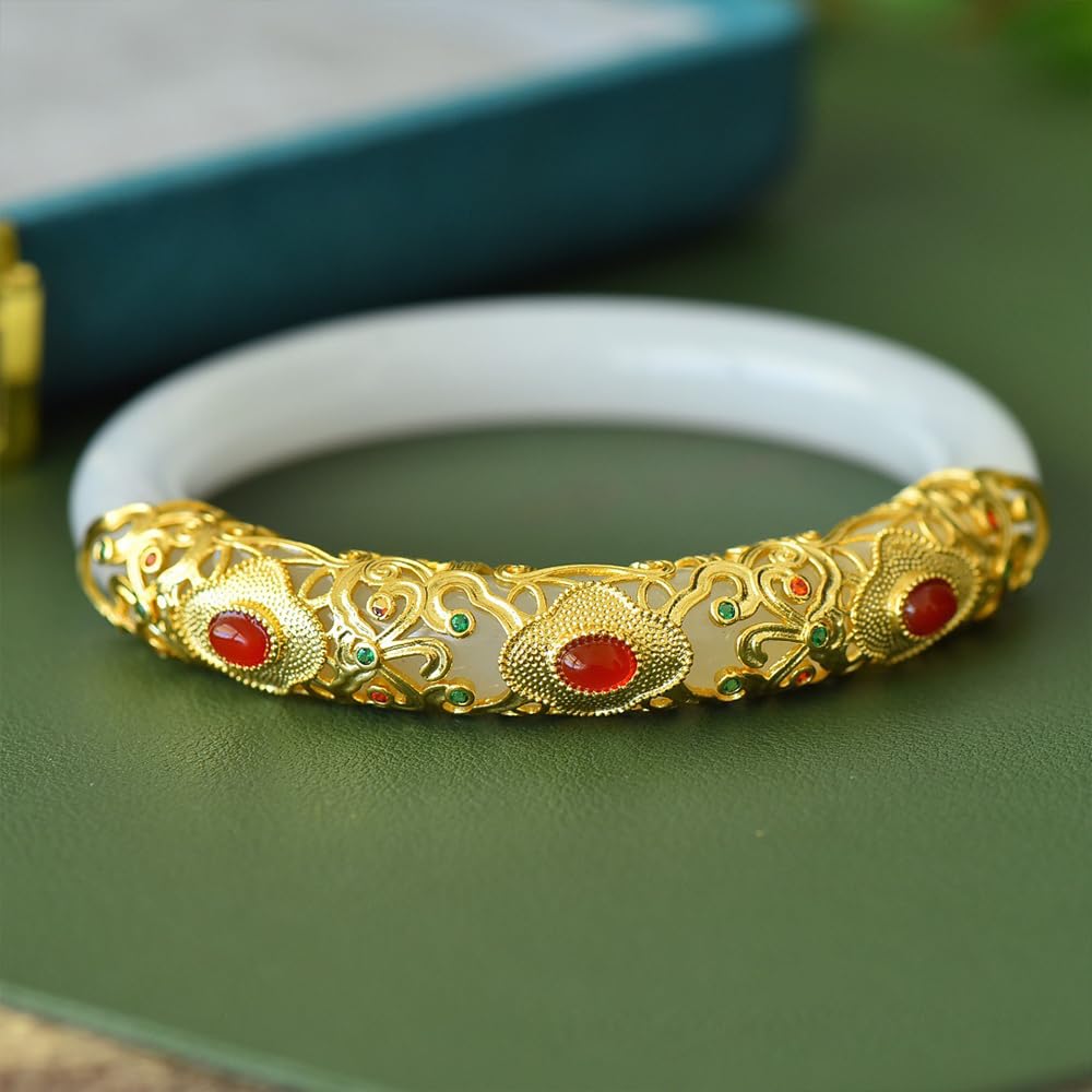 Pulsera de Brazalete de Jade Blanca para Mujeres Buena Suerte Mujer de Brazalete Rojo Rhinestones Decorados de Oro Antiguo Diseño de Incrustaciones Jade Stone Pulsera (de Piedra Jade35,58-59)