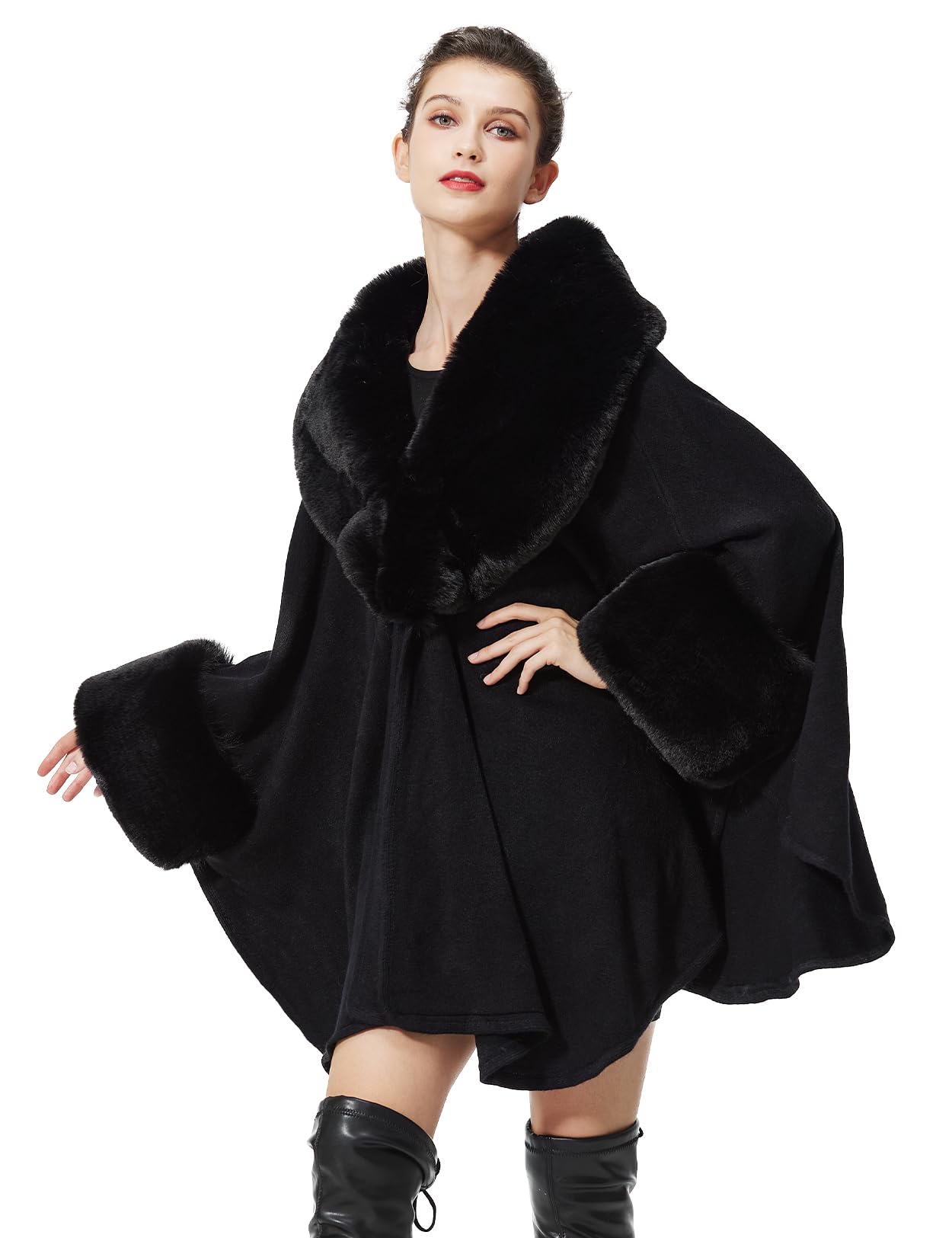 Women Cape Poncho with Fur Trim Winter Faux Fur Shawl Wrap Coat Sleeveless Cardigan Cloak
