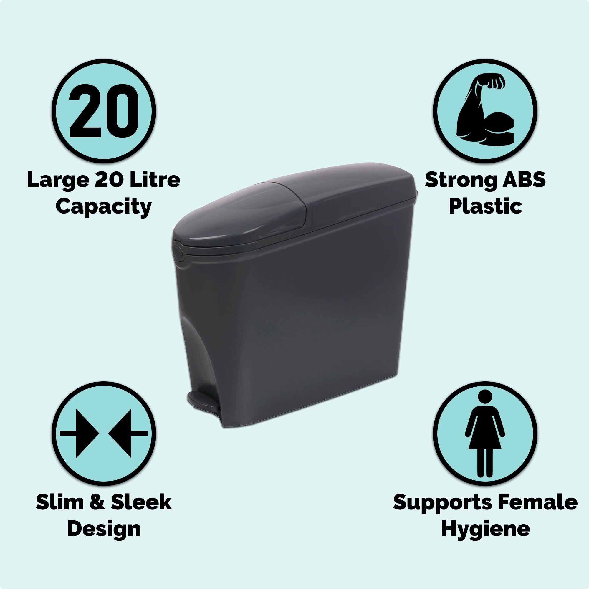 Poubelle de salle de bain 20 L Slimline - Hygiénique - Corbeille à pédale pour femme et bébé - Poubelles de salle de bain 20 litres - Gris