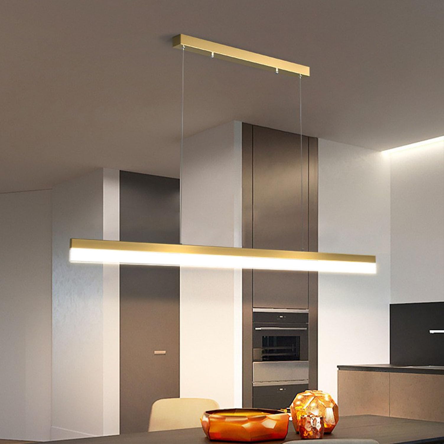 Dimmable LED Pendant Lamp, Modern Pendant Lamp Black, Linear Design Pendant Lamp with Remote Control, for Office Lamp Dining Table Lamp Dining Room Kitchen Conference Hall Lamp (Gold, 100cm)