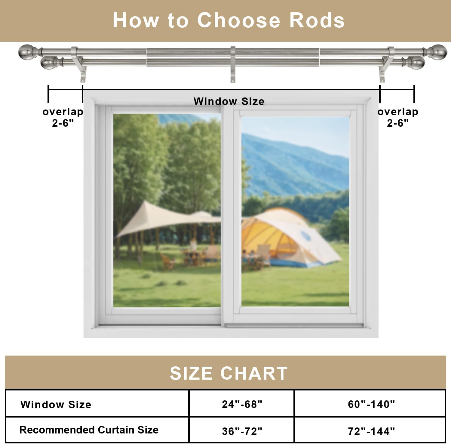 Double Window Curtain Rods, 1Inch Back and Front Rod, 36-72” Adjustable Length, With Same Size Round Finials Dual Curtain Rod, Matte Nickel