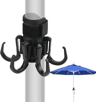 Xxerciz Beach Umbrella Hanging Hook, Anti Slip Backyard Umbrella Hanging Hook with 4 Hooks for Towels, Camera, Sunglasses, Hats, Clothes and Bags, Easy to Install for Beach, Camping Trips