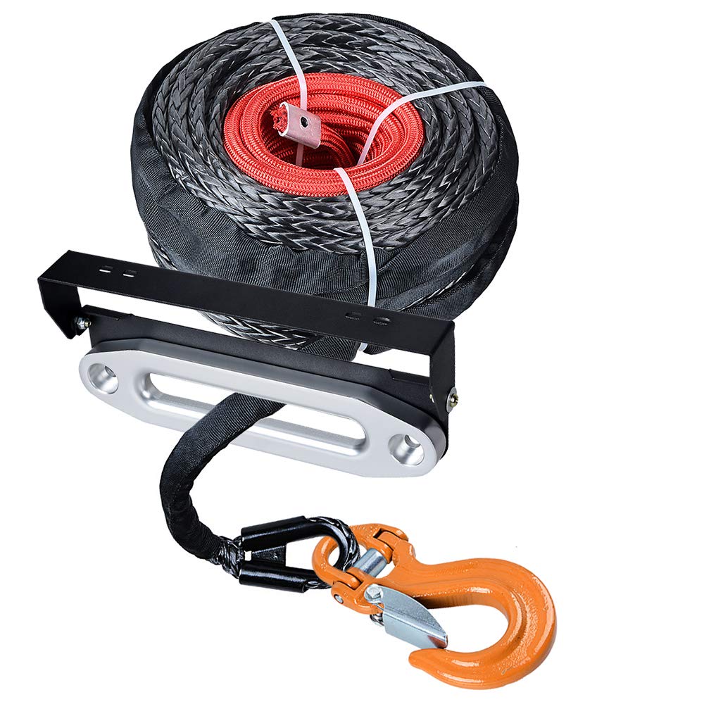 amopacorp 95 ft x 3/8 inch Synthetic Winch Rope with Flip-Up Hawse Fairlead Mounted License Plate Holder and Chrome 10 inch Aluminum Hawse Fairlead and Yellow Forged Steel Clevis Hook