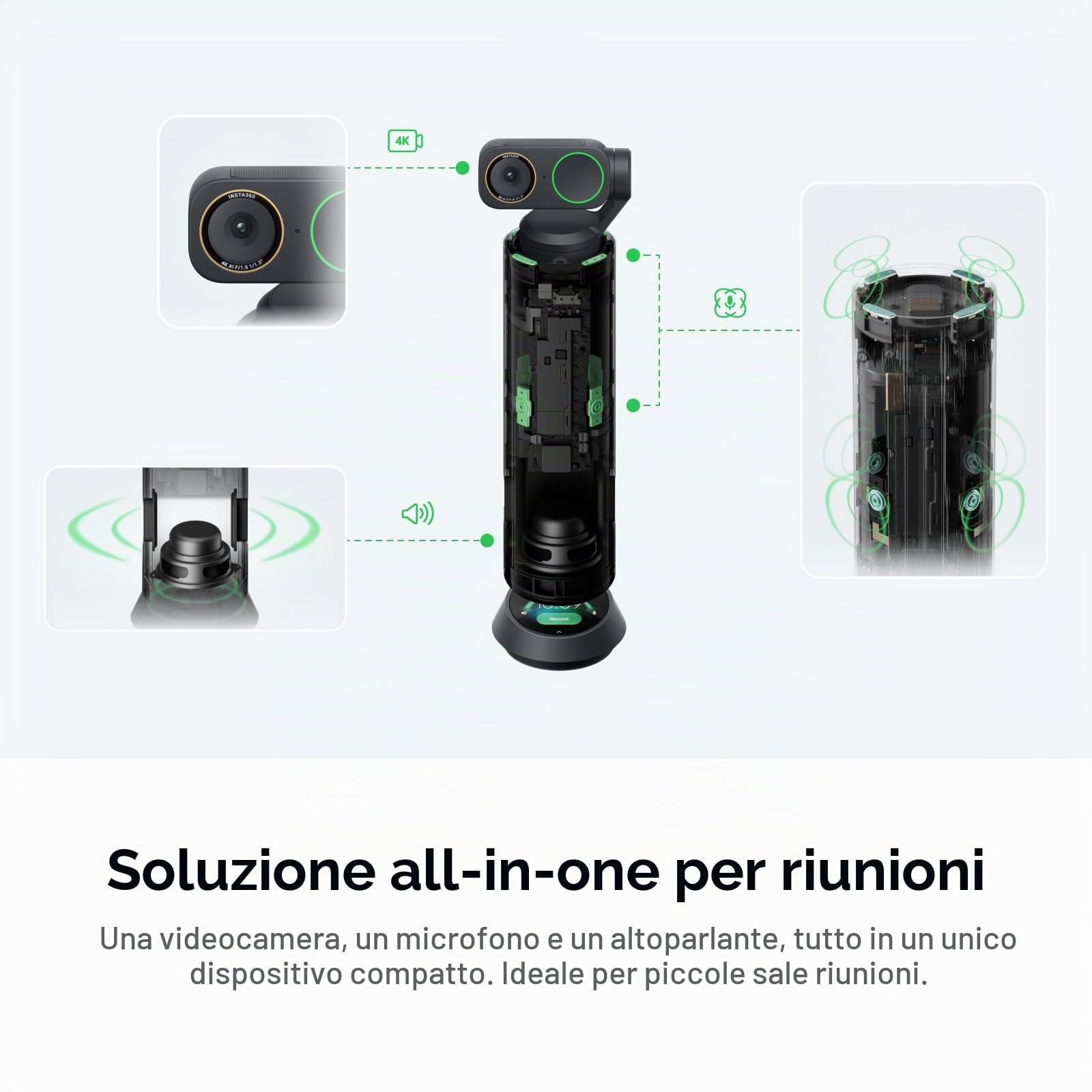 Insta360 WaveLink Pro Nero grafite - Vivavoce e cam 4K per sale riunioni, tracciamento interlocutori, acquisizione vocale 5m 360°, riduzione rumore, trascrizione e riepiloghi IA, plug & play