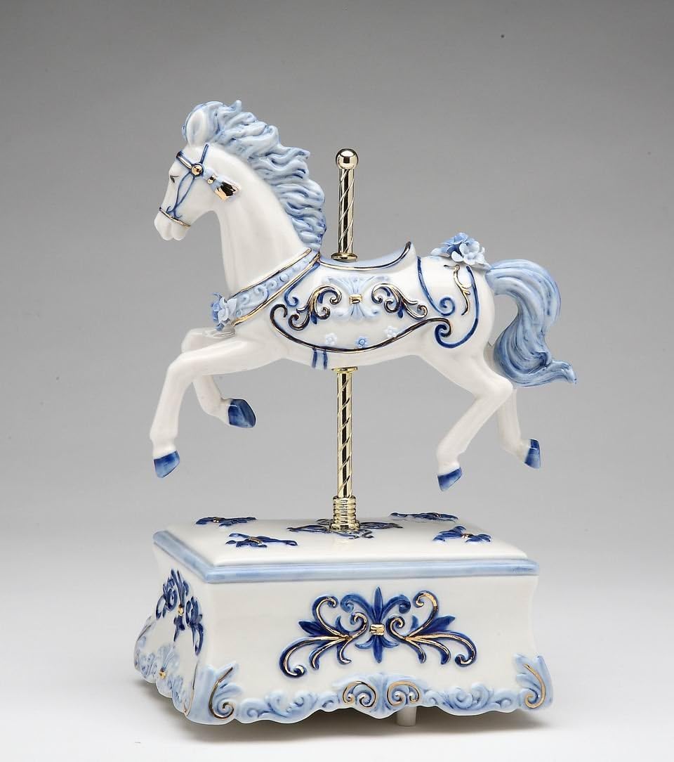 Cosmos Gifts Fine Porcelain Dutch Blue Carousel Horse Music Box (Music Tune: Pachelbel Canon in D), 8-1/2" H
