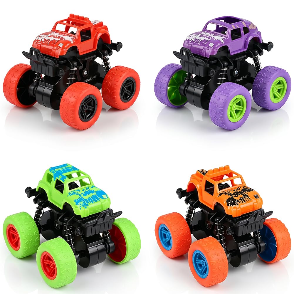 MYPPRFC Monster Truck toys 4 Pack Monster Inertia Truck Pull Back Trucks Inertia Toy Cars 360° Rotation Friction Powered Cars Off-road Vehicles Birthday Gifts for 3-6 year old Kids Boys Girls