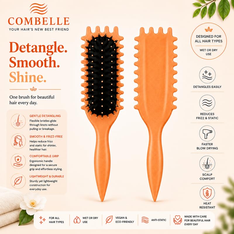 Image of Combelle 5-in-1 Curl Hair Brush | Vegan Boar Bristles | Bio-Based PLA Handle | Detangling, Defining & Frizz Control for Curly & Wavy Hair | For Men & Women - Peach Orange (Pack of 1)