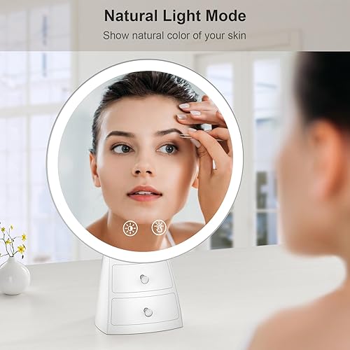 Miniatura 6 de KuflooQ Espejo de maquillaje iluminado con cajones pequeños, espejo de tocador redondo de 8.7 pulgadas, espejo de maquillaje con iluminación, 3