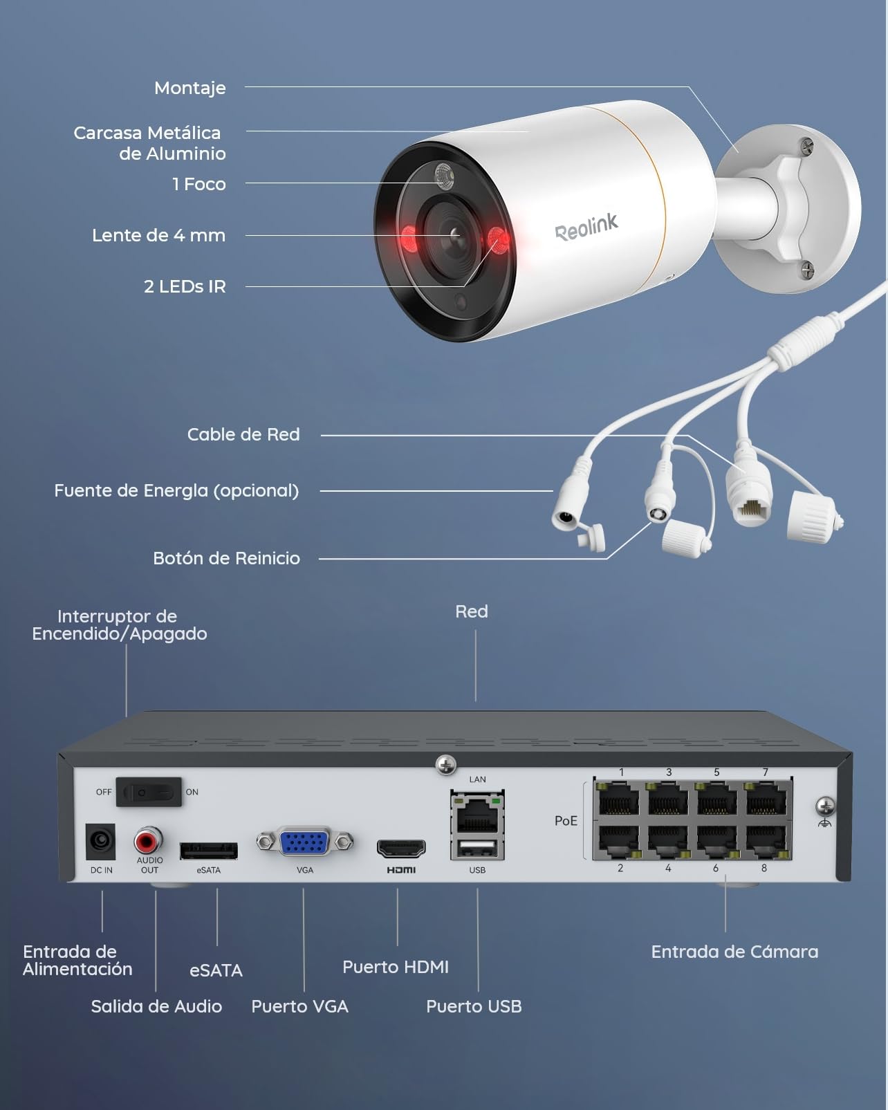 Reolink 12MP Kit Camaras de Vigilancia Exterior H.265, 4pcs Sistema de Cámara Seguridad con 30M Visión Nocturna, Audio bidireccional, NVR de 8 Canales con HDD de 2TB, Grabación 24/7, RLK8-1200B4-A