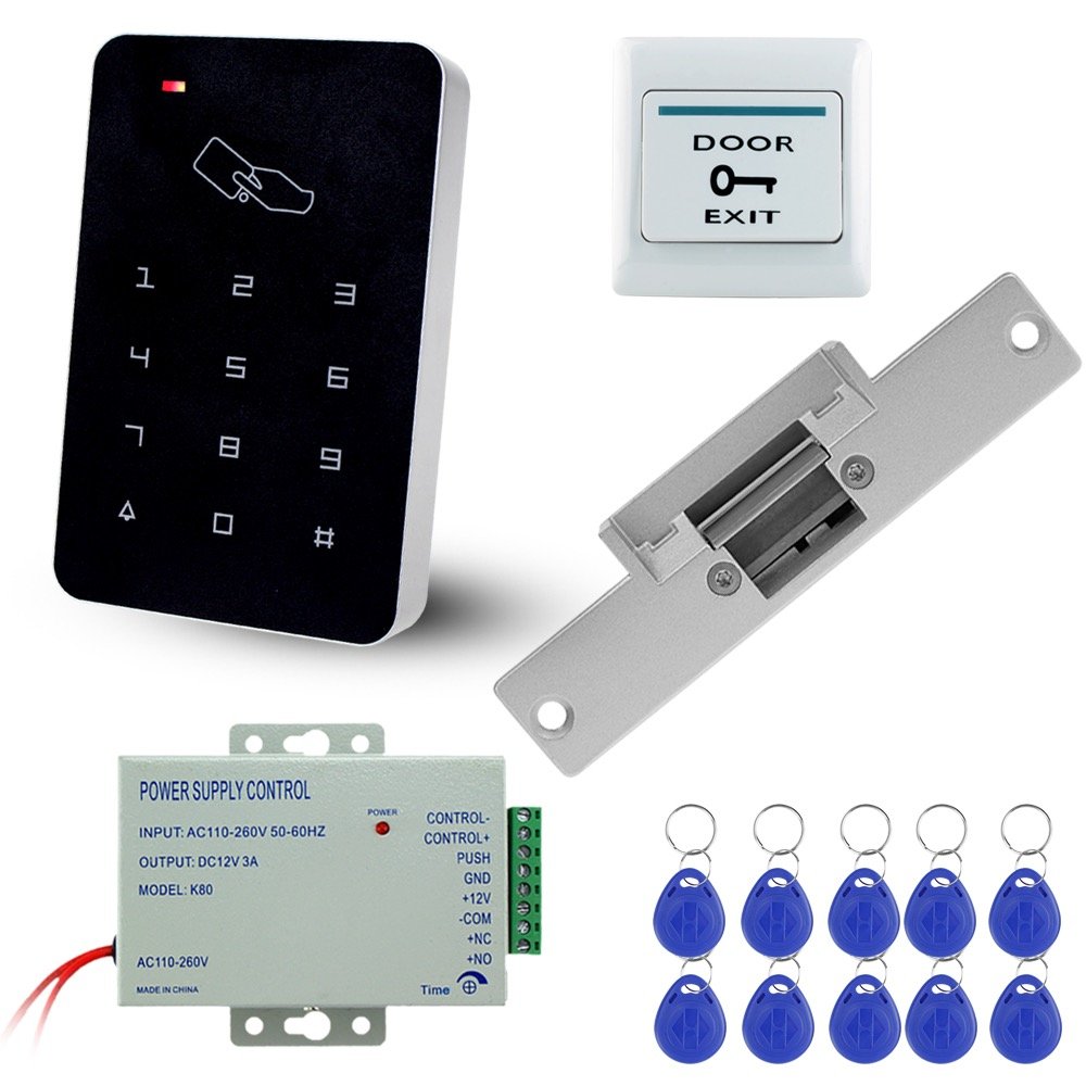 LIBO Kit Complet de système de contrôle d'accès RFID avec Verrouillage électrique de Type NC Alimentation d'énergie de DC12V / 3A, Bouton de Sortie de Porte, étiquettes de clé de 10pcs RFID