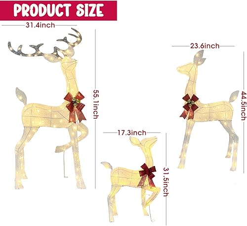 Miniatura 2 de Decoración navideña de reno iluminado para exteriores de 55 pulgadas, juego familiar de renos de 3 piezas con 240 LED, campanas, lazos rojos, marco