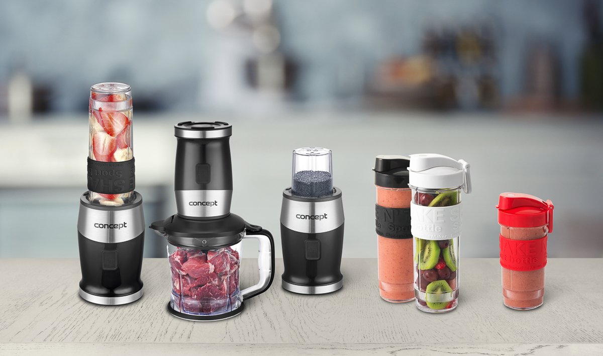 CONCEPT électroménager SM3390 Mixeur smoothie « FRESH & NUTRI », 700 W, noir, 1200 ml hachoir, moulin, 3 recipients en tritan, sans BPA, fonction Pulse, corps caoutchouc + inox, 23 000 tours/min.