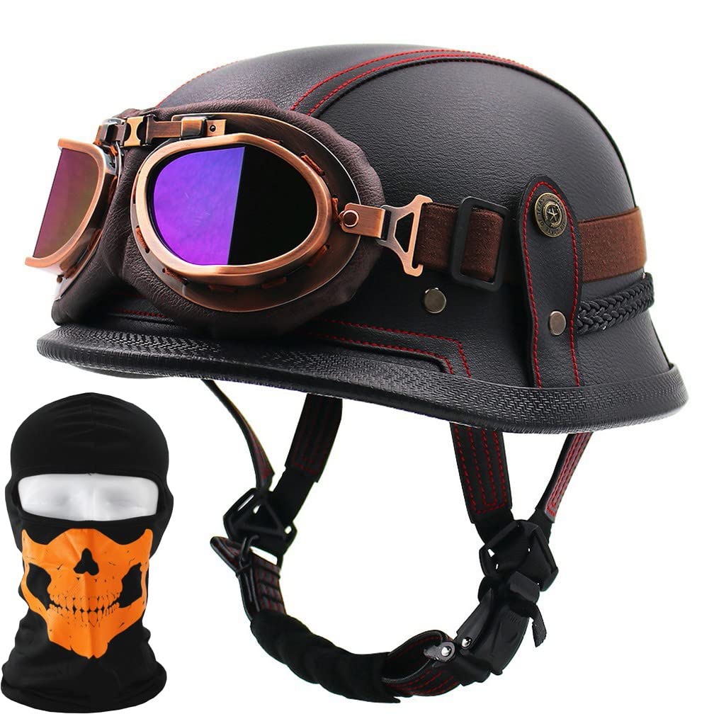 Casco da Moto Mezzo Casco con Cappuccio Testa, Retro PU Mezzo Guscio Casco, DOT/ECE Approvato Casco Stile Tedesco Vintage per Uomini Donne (M ~ XXL)