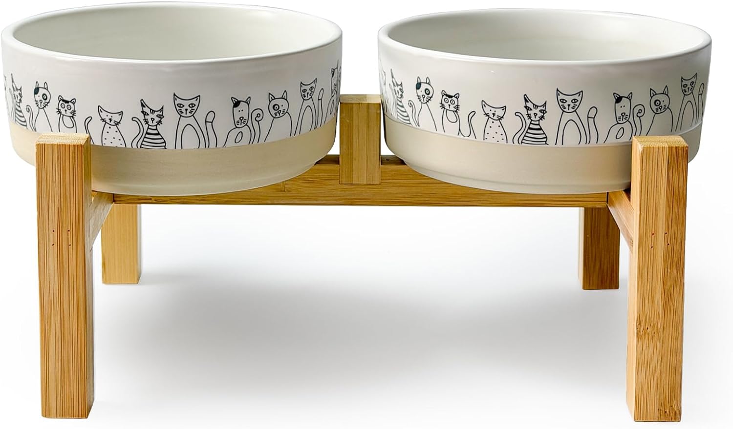 Elevated Ceramic Cat Bowls with Wooden Stand，6.1inch Raised Cat Bowls with Cute Pattern for Small and Medium Breed Dogs,2 Pack Cats Food and Water Bowl Set,Weighted Pet Dishes Dishwasher Safe