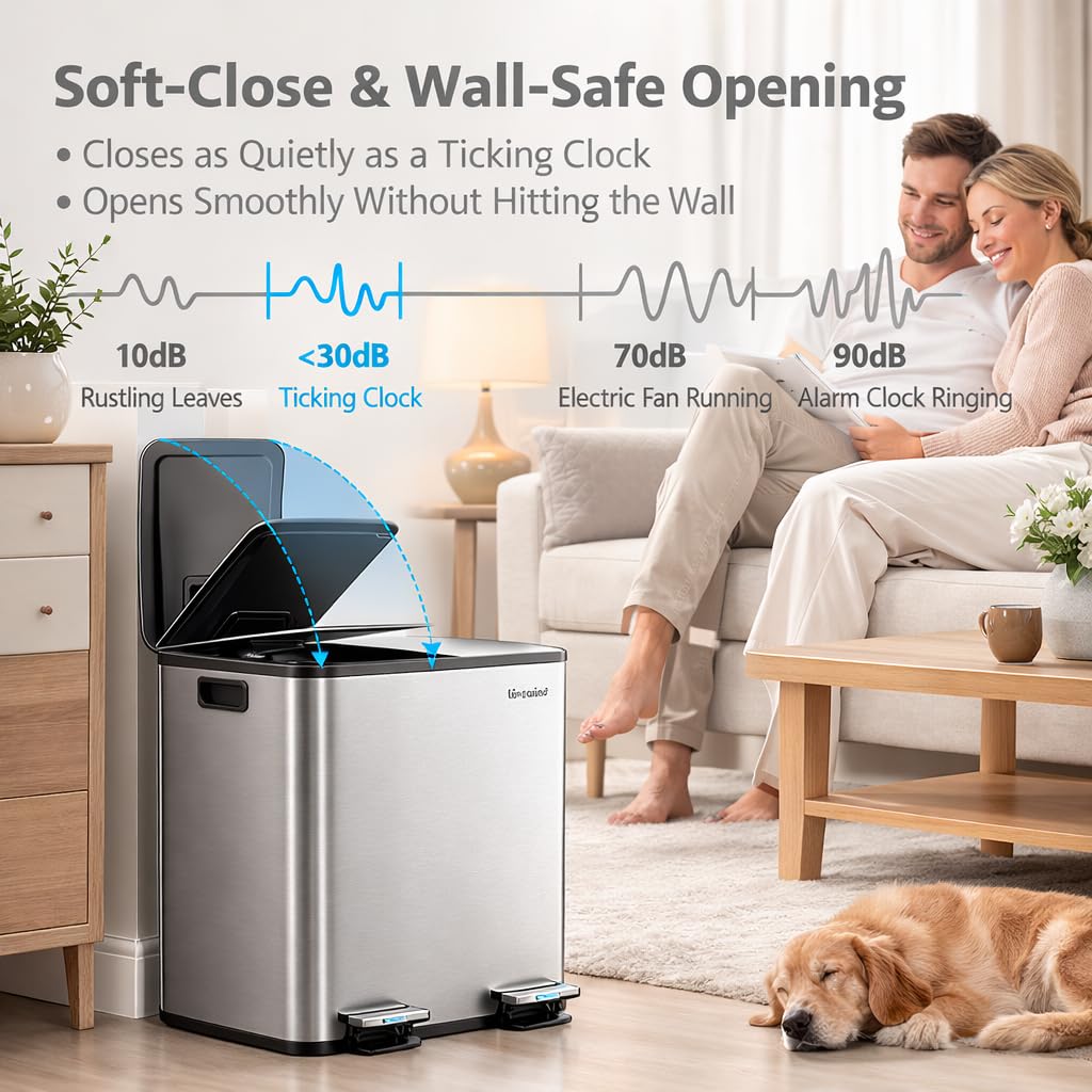 Kitchen Trash Can 16 Gallon (2 x 8 Gal) with Lid - Stainless Steel Dual Garbage Can, 2 Removable Buckets, Soft Close Step Pedal, Trash and Recycle Bin for Home Office
