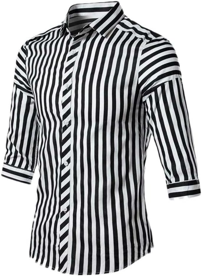 Summer Striped Shirt Color Block Men's Casual Single-Breasted Cardigan mid-Sleeved tie-up Lapel Stand Collar Business top