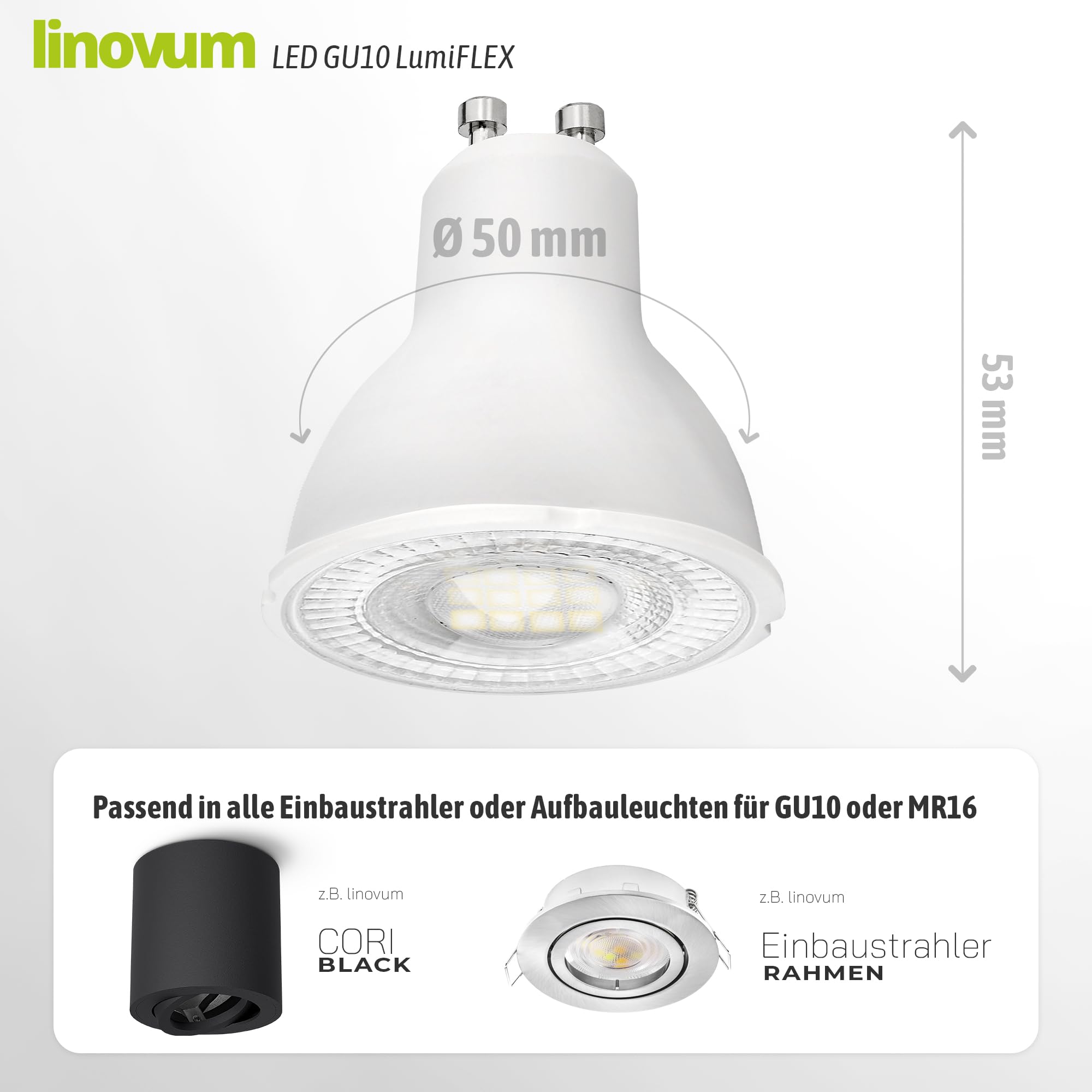 linovum LumiFLEX GU10 Birne 10er Set LED 6W CCT 3 Lichtfarben Spot dimmbar | Zehn GU10 Lampen mit 3 Lichtfarben - warmweiß, neutralweiß & tageslicht, CRI 96, Halogen-Ersatz, für Spots & Einbaustrahler