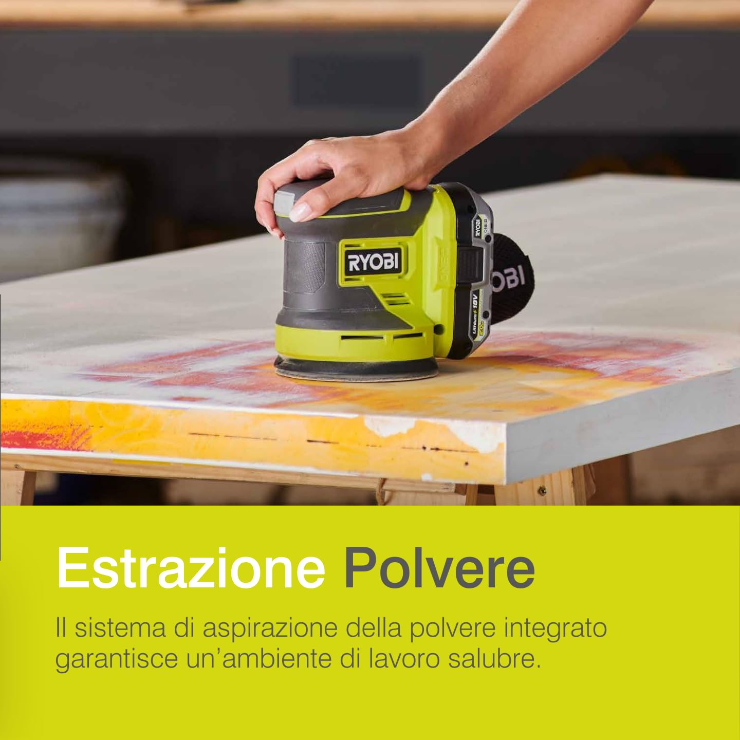 Ryobi Levigatrice Rotorbitale 18V ONE+, Diametro Disco 125mm, Velocità 10.000 Giri/Minuto, Diametro Orbita 2.5mm, 20.000 Oscillazioni al Minuto, Senza Batteria e Caricatore, RROS18-0