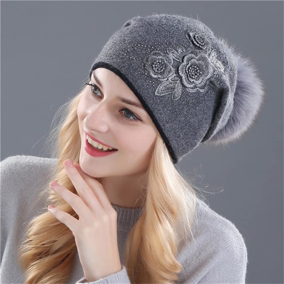 Sombrero de Punto de Lana de Piel de Conejo de Invierno para Mujer, Gorros de visón cálidos para Mujer White