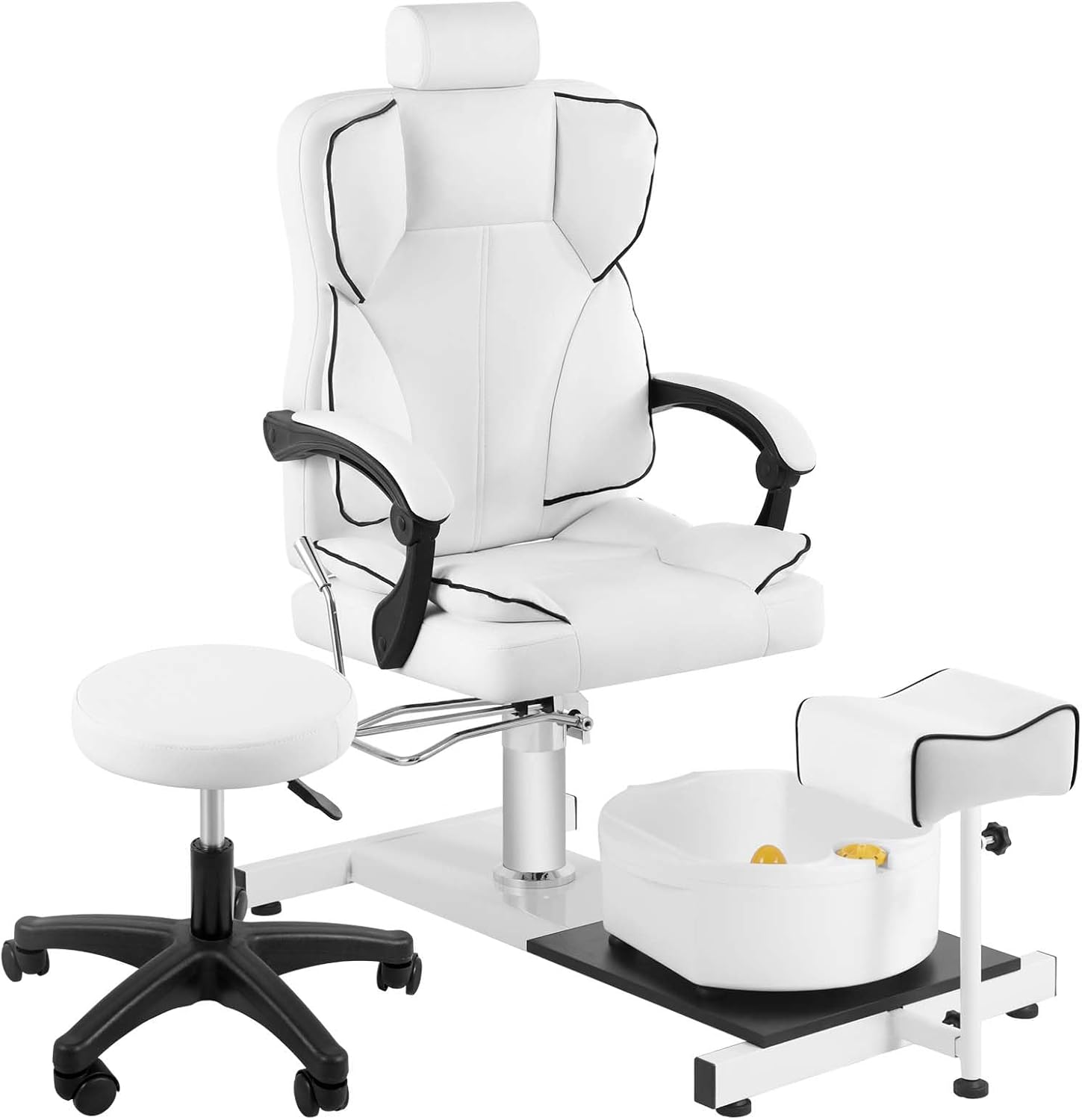 Pedicure Station Chair Hydraulic Lift Pedicure Chairs with Stool & Bubble Massage Foot Bath, 360 Swivel Pedicure Chair, No Plumbing, Height Adjustable Pedicure Unit Station - White