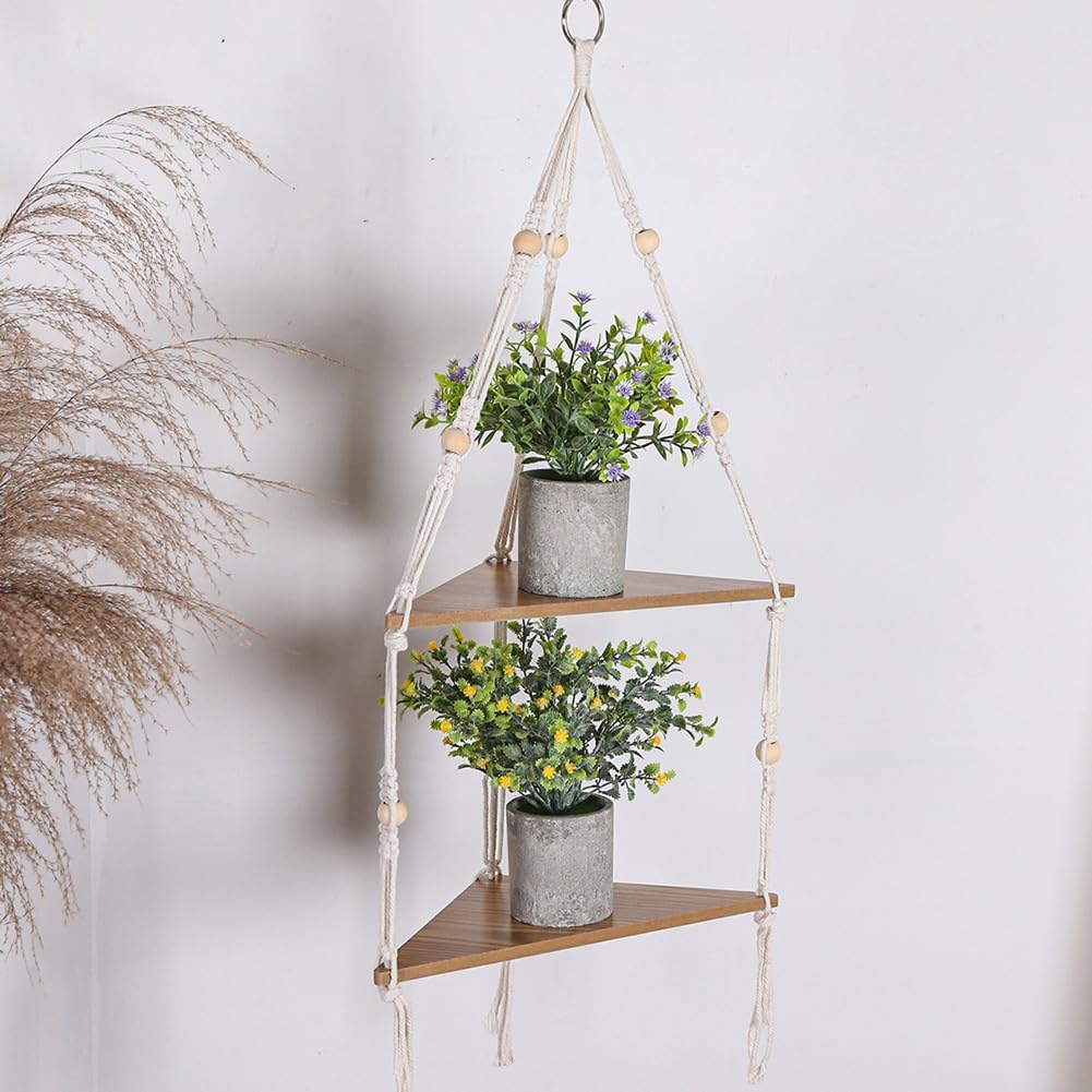 Garvee Eckregal hängend Holz, 2 Etagen Schweberegal mit Seil & Perlen, Boho Dekoration Wandregal für Pflanzen & Fotos, Eck-Hängeregal für Wohnzimmer Schlafzimmer Bad, Naturholz Design