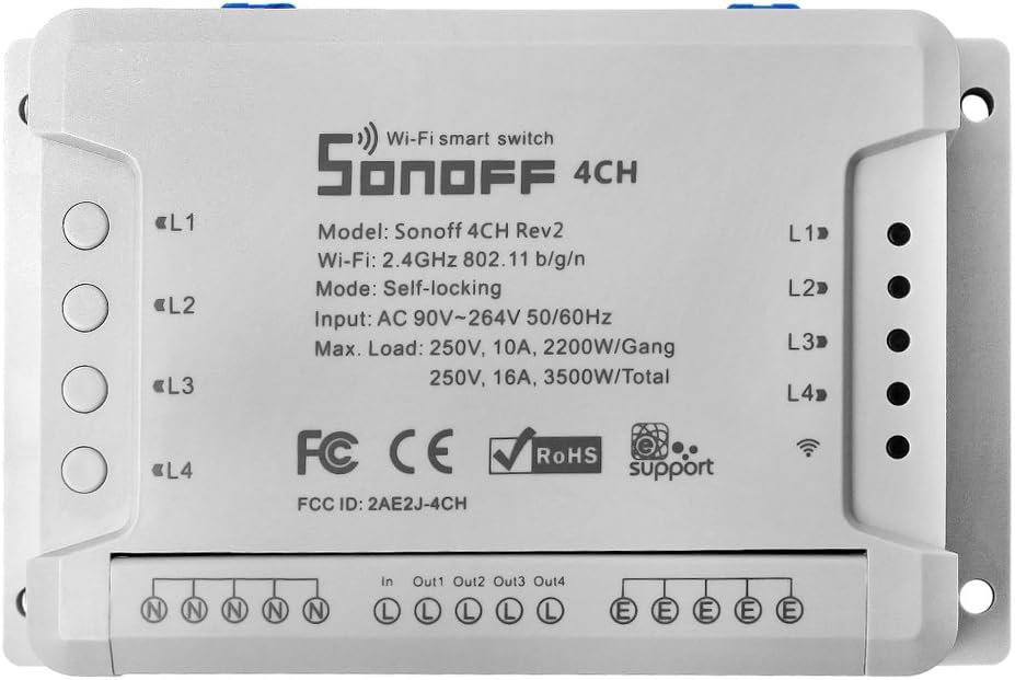 ITEAD Sonoff 4CH R2 WiFi Wireless Smart Swtich and Elastic Finger Clip for Smart home Control four home appliances Compatible Perfectly with Amazon Alexa, Google Assistant, IFTTT, Google Nest