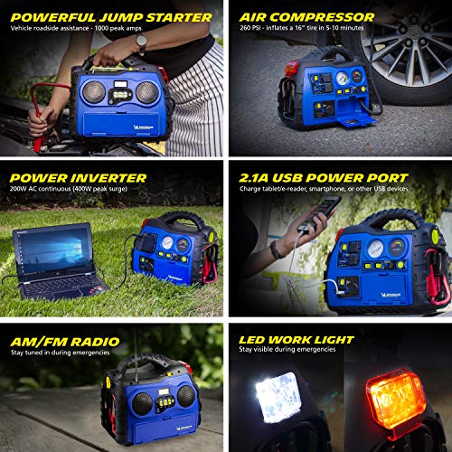 MICHELIN ML0728 Power Source XR1 Portable 1000 Amps Jump Starter with Air Compressor and 400 Watt Peak Surge Power Inverter and Bluetooth