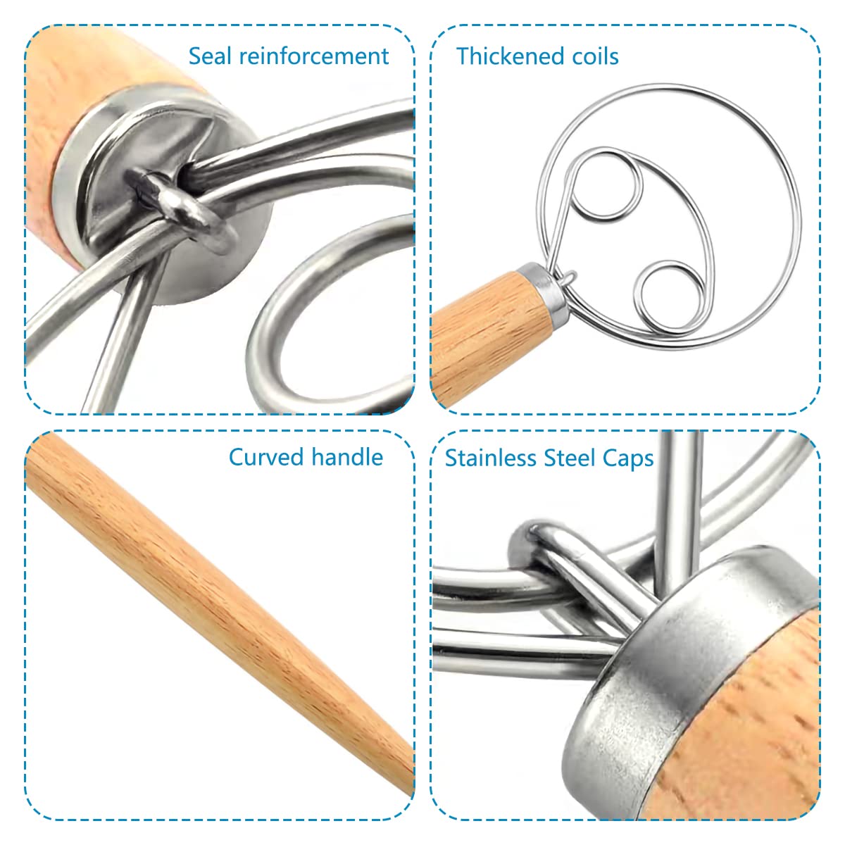 NANEEZOO - Frusta Danese Per Impasto In Acciaio Inox - Set Da 2 Con Manico In Legno - Per Pane, Pizza E Pasticceria