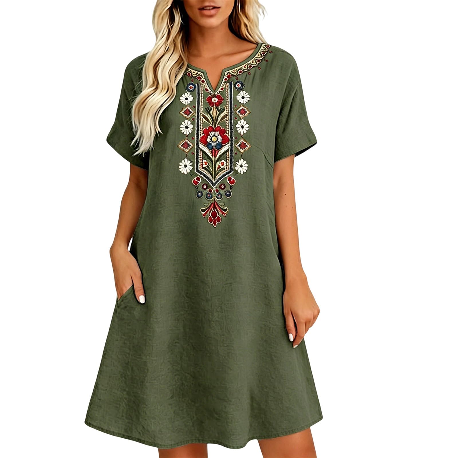 Vevpewshi Summer Boho Linen Dresses for Women UK 2026 V Neck Short Sleeve Casual Dress Beach Midi-Length Vacation Dresses with Pockets Ladies Sundress for Party