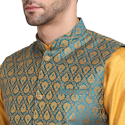 Image of KRAFT INDIA Mens Gold Silk Blend Kurta and Churidar Set With Jacquard Paisley Nehru Jacket