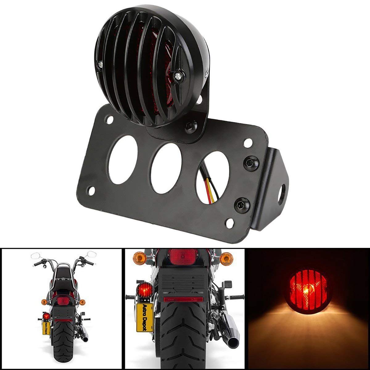 NATGICMotorcycle Tail Light Brake Light 12V Running Light Indicator Lights License Plate Light Stop Light with Bracket - Black Shell + Red Lights