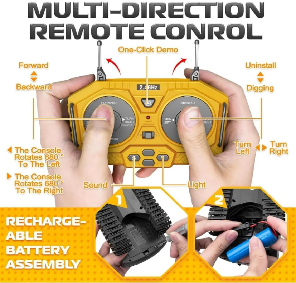 KAHUMBO New Radio Control J-C-B Excavator Toy for 6-12 Yr Boys, Best Birthday Gifts for Kids 7 8 9 10 11 Year Old, Rc Construction Toys with Metal Shovel, Lights, Sounds 2.4Ghz, Multi Color 1