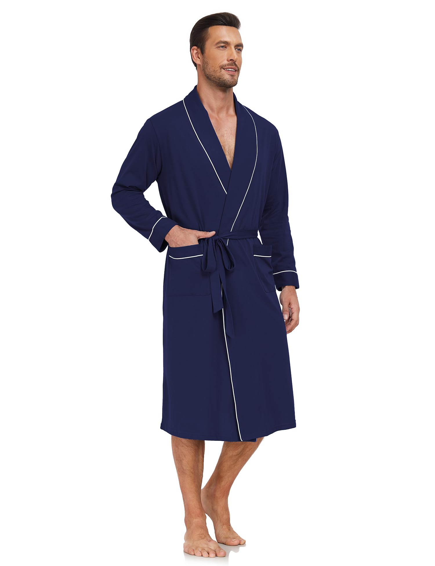 ANLIQI Herren Bademantel 100% Baumwolle, Leicht und Weich, Langer Sommer Schlafanzug mit Taschen